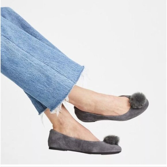 MICHAEL KORS | Remi Rabbit Fur Pom Suede Ballet Flats Gray Sz 9M - Picture 1 of 6